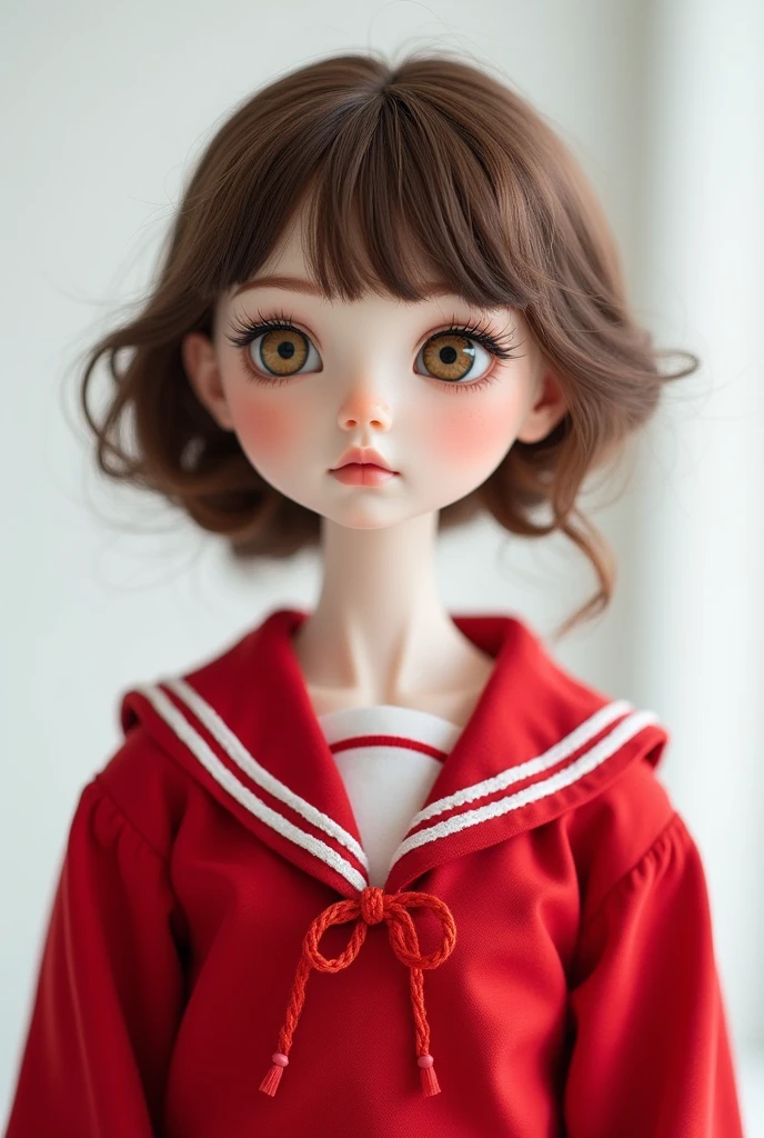 Overlooking、breast enhancement、A girl who looks like a ball-jointed doll、White skin、Brown Hair、Twin tails、Red hair laces、Golden eyes like glass marbles、Red Sailor Suit、Rozen Maiden、Pink Lips、Expressionless、Brown eyelashes、Short eyebrows、Looking up、M-shaped bangs、White background、delicate