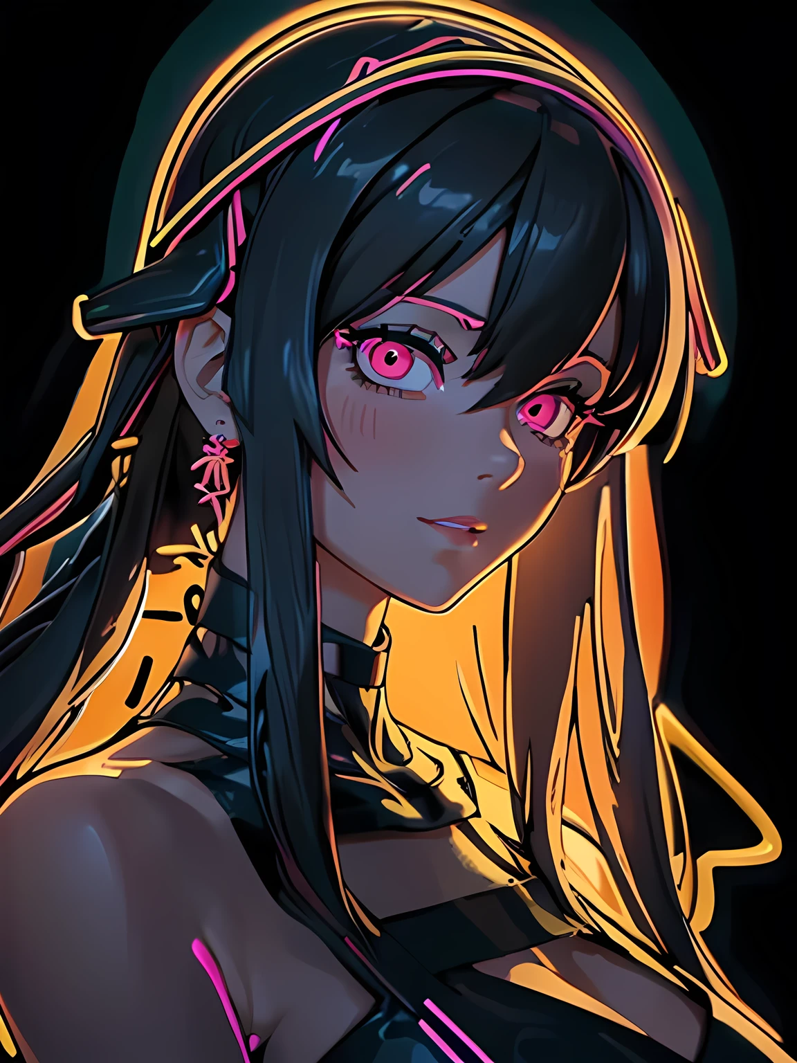 (Glowing neon outline), close up, Very beautiful woman, Yor-Briar, Yor-Forger, woman in a long evening dress, Yor-style hair accessory and earrings, Red eyes and black hair, ((neon outlines body:1.3, neon outlines face:1.3)), Toon Shader Rendering, Ultra-Realistic Capture, Photorealsitic,Highest quality, masterpiece, Highly detailed face, Model-like body, best shading, (Many LEDs), The background is a slightly dark cabin, Large Breasts, RAW Photos, cinematic lighting, Inside the room at night, Yor Forger's Features,