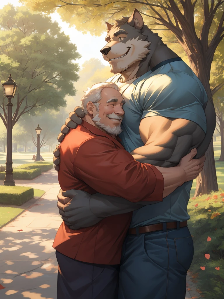4K, detailed, soft color, Vintage images, highres, park, unparalleled masterpiece, absurdres, love story of human old man and giant huge Muscular furry, hug, hugging, pair, Height difference, Physical difference, perfect anatomy, smile, joyful, play with, smile, happy