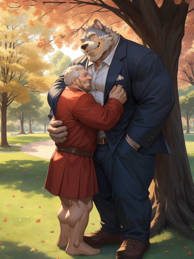 4K, detailed, soft color, Vintage images, highres, park, unparalleled masterpiece, absurdres, love story of human old man and giant huge Muscular furry, hug, hugging, pair, Height difference, Physical difference, perfect anatomy, smile, joyful, play with, smile, happy