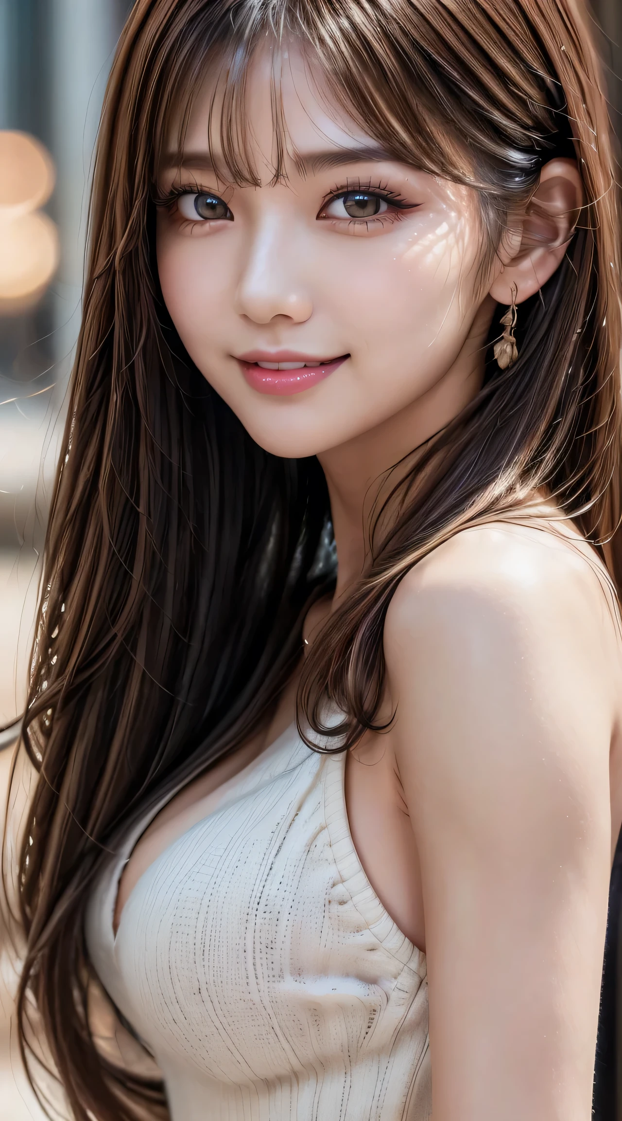 A woman with long hair and a white top posing for a picture - SeaArt AI