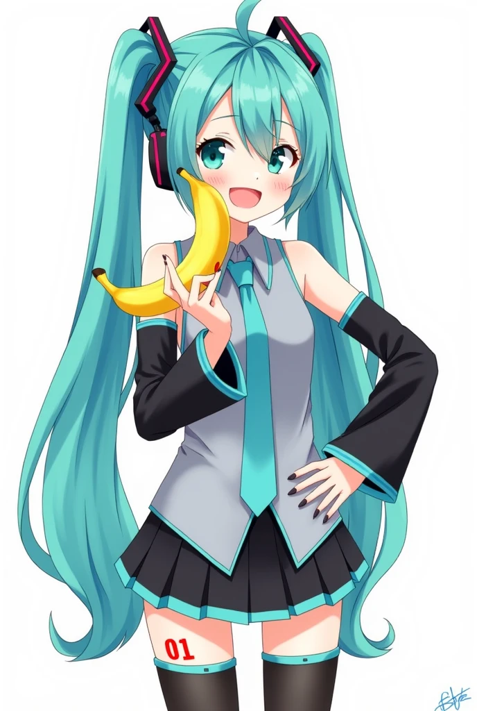 
Anime art, anime style, detailed drawing, white background, high definition, high quality, one girl, solo, Hatsune Miku, aqua hair, twin tails, head ornament, headphones, number tattoo "01" (red, located on her left hand), grey sleeveless collared shirt, black detached sleeves with aqua lines, five fingers with aqua nails, aqua necktie, black pleated mini skirt with aqua lines, zettai ryouiki, thigh-high black boots with aqua lines.

Miku Hatsune buy a banana