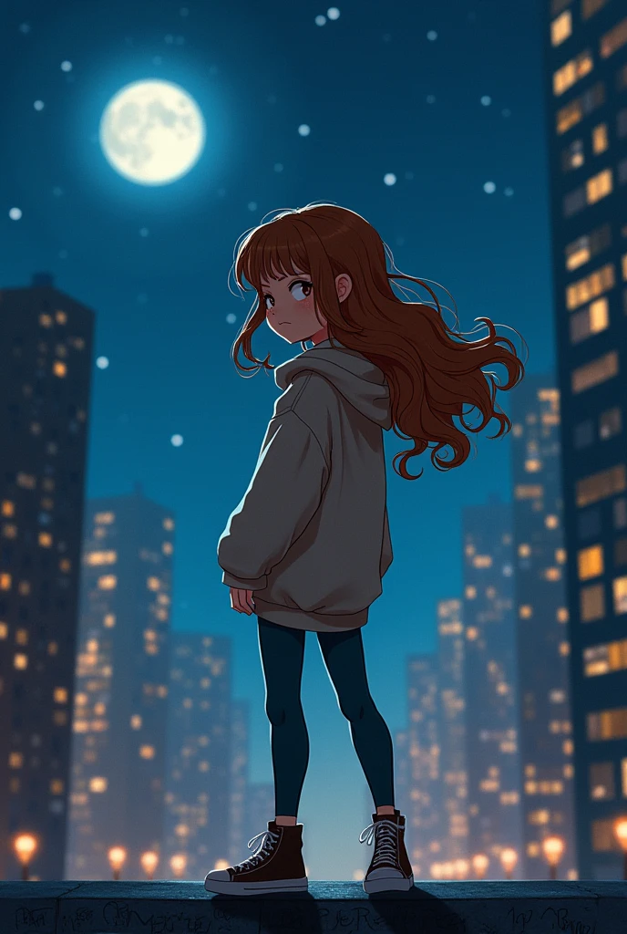 A girl stands on the roof of a building at night