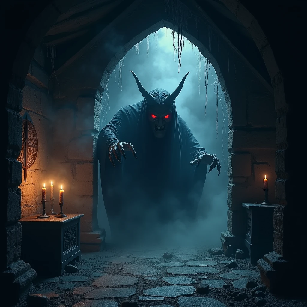  Create a horror movie scene with a demon. The scene is creepy and mysterious, with a gothic aesthetic. 