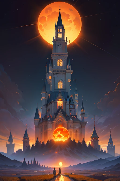 a painting of a castle with a giant sun in the background, an ultrafine detailed painting inspired by Dan Mumford, cg society contest winner, psychedelic art, fractal thunder dan mumford, dan mumford and alex grey style, el bosco and dan mumford, anton fadeev and dan mumford, in the style dan mumford artwork, dan mumford and albert bierstadt
