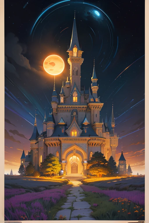a painting of a castle with a giant sun in the background, an ultrafine detailed painting inspired by Dan Mumford, cg society contest winner, psychedelic art, fractal thunder dan mumford, dan mumford and alex grey style, el bosco and dan mumford, anton fadeev and dan mumford, in the style dan mumford artwork, dan mumford and albert bierstadt