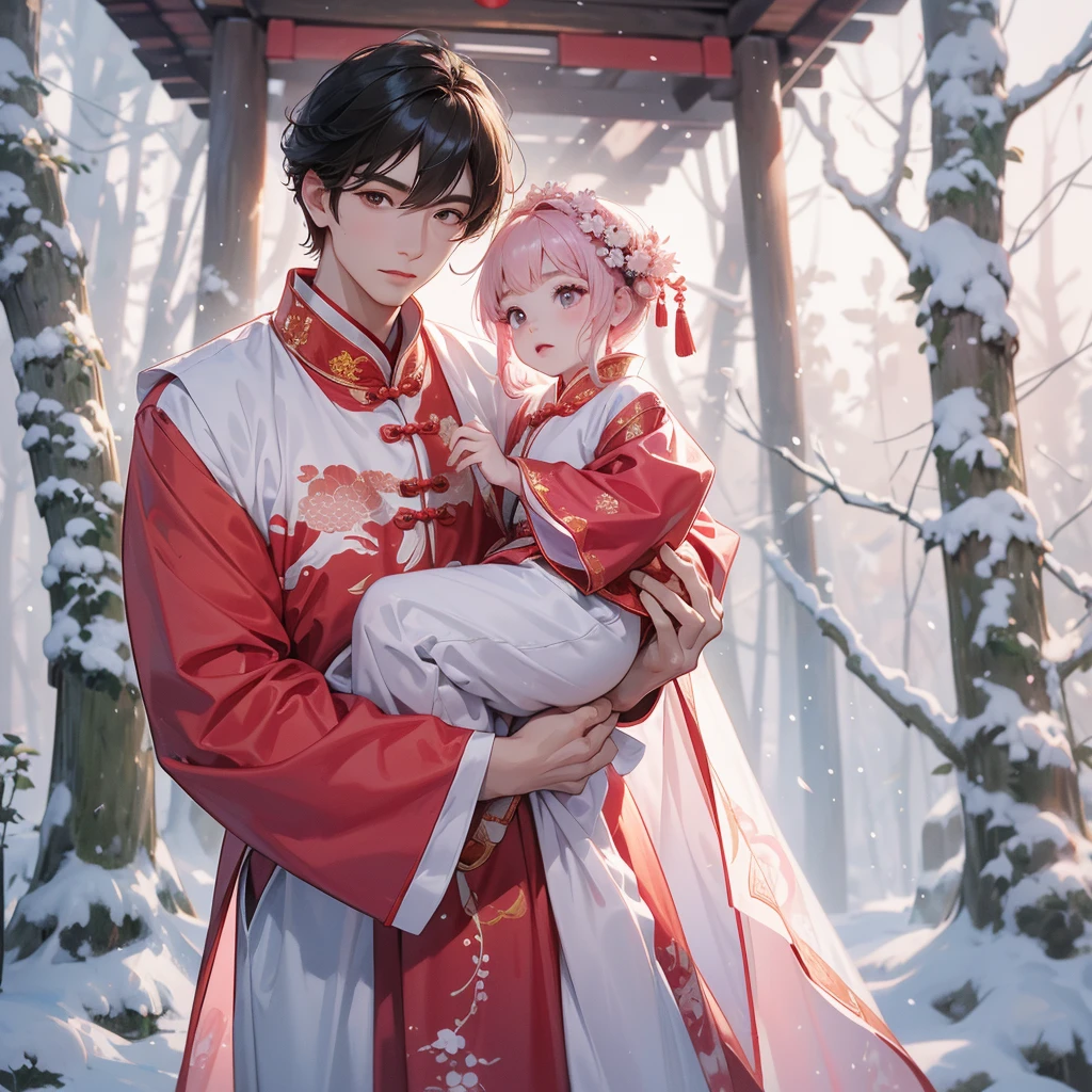 A one-year-old baby boy in pink ancient Chinese baby costume with his beautiful mother, dressed in an ancient Chinese costume, In a forest where there was only white snow everywhere. The trees were still covered in white snow. A very strong blizzard, playing with each other, with his handsome father standing next to his mother, close up