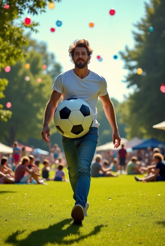 Man
playing pranks with a huge 3D soccer ball inside his pants
