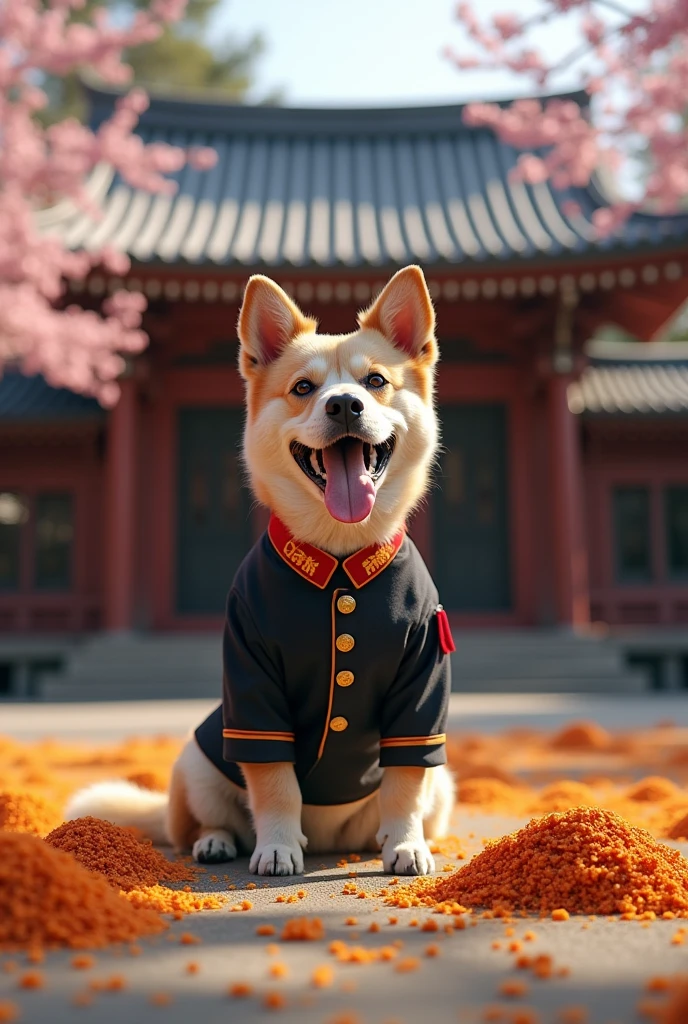 A dog wearing a Japanese military uniform is barking in front of the Yasukuni Shrine, captured by a camera.,and there is dog shit all around,Like a toilet