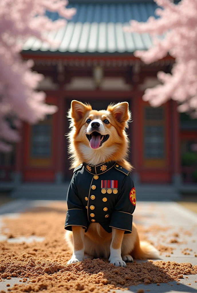 A dog wearing a Japanese military uniform is barking in front of the Yasukuni Shrine, captured by a camera.，and there is dog shit all around，Like a toilet