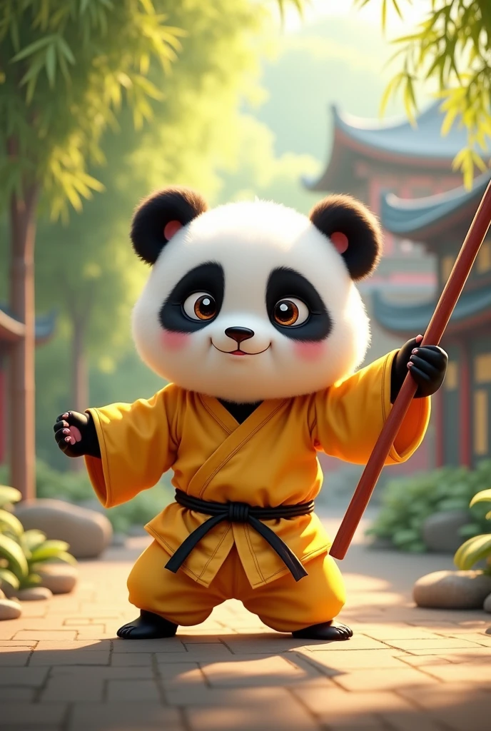 Panda wearing a yellow kung fu suit,Perform the Chinese long staff technique,Powerful aura,Cute realistic style,Chinese style in the background