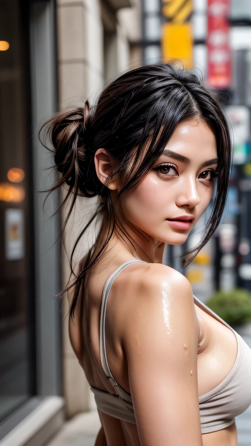 (((Upper body portrait)))､Attractive 25 year old woman, one person, (((so beautiful 25 year old woman))), cute、If you look at this､ Adult female, Curved body, Thick body,  A voluptuous figure and especially large breasts, DD size breasts, Her body remains well-proportioned and attractive even in middle age., Detailed face､Detailed body､So cute face, Glossy Lips, Double eyelids on both eyes,Natural Face、Natural Makeup, Long eyelashes, Shiny and smooth hair､Perfect limbs, Perfect Anatomy, (Wet with sweat), sexly､Dark black hair, Shoulder-length hair, Dark black hair in a Shoulder-length hairstyle, Black Eye, Hair tied up on top of her head, Mature face, so beautiful, ((loose tops, pants, Punk-style clothing)), tracing, City Street. masterpiece, 最high quality, high quality, High resolution, (((Upper body portrait)))､Upper body portrait, Punk-style clothing