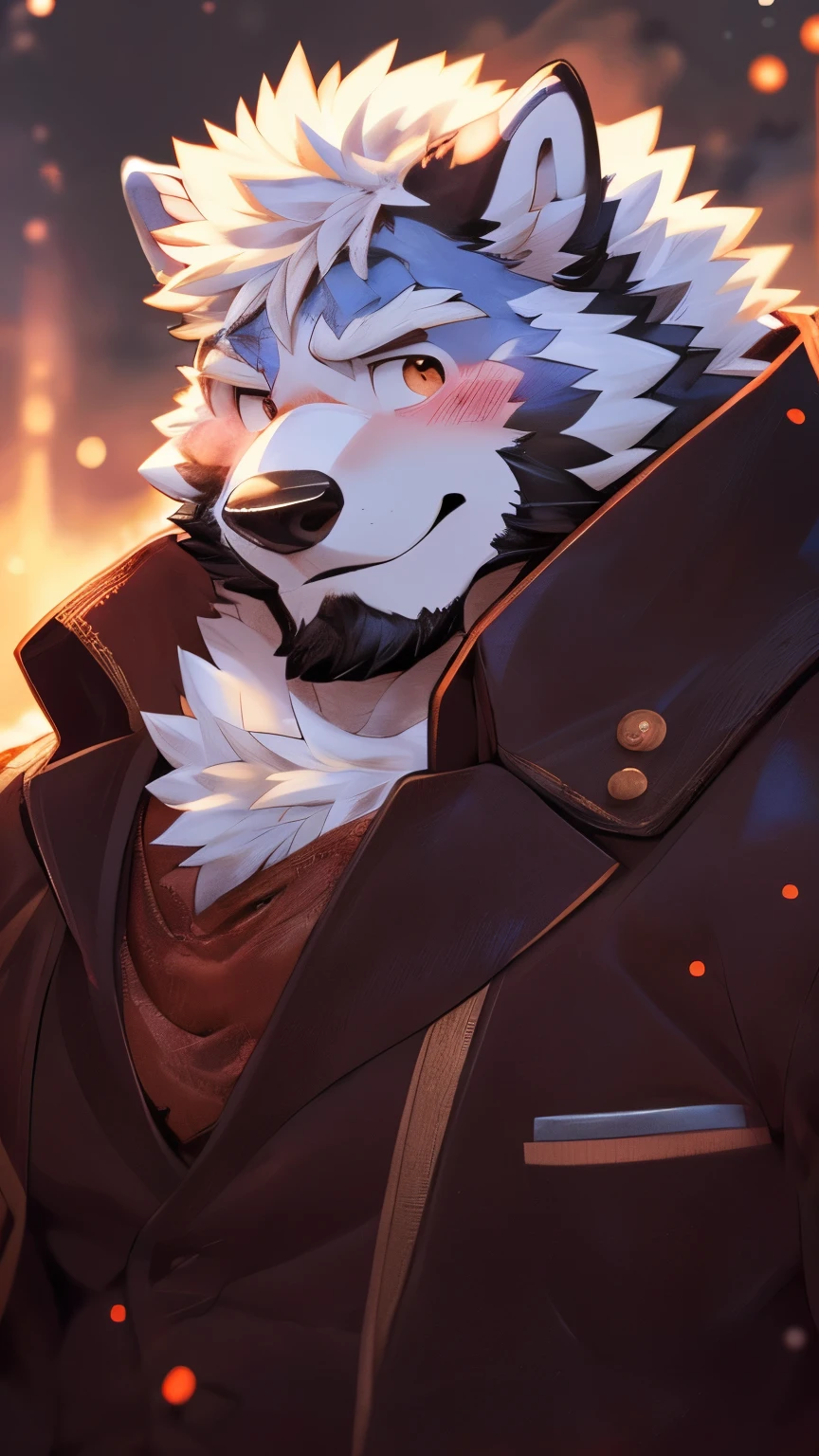human nature, wild animals, male, 36 years old，uncle，solitary, ((Round Face, The face is plump,  Orange Eyes, Thick white hair，Scars)), ((Endomorph, Handsome，Hot Blood)), （Mecha suit，no electricity，exhausted), ((domestic white wolf, Wolf Orc) Fluffy fur, Fluffy, White Stripes),  (wolf print), Bokeh, (high quality, high resolution, masterpiece), (Dynamic Lighting, Vibrant colors), (Smile，shy，blush), Full body pictures (Vision), cartoon, author：Takemoto Arashi, From Zixiong, author：Chunni, author：Ethereal，（background：Rainforest）