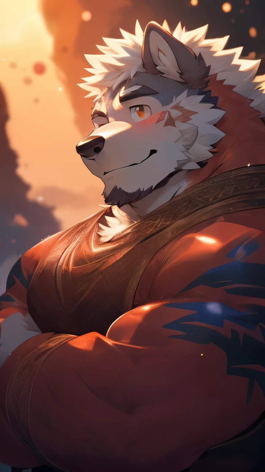 human nature, wild animals, male, 36 years old,uncle,solitary, ((Round Face, The face is plump, Orange Eyes, Thick white hair,Scars)), ((Endomorph, Handsome,Hot Blood)), (Mecha suit,no electricity,exhausted), ((domestic white wolf, Wolf Orc) Fluffy fur, Fluffy, White Stripes), (wolf print), Bokeh, (high quality, high resolution, masterpiece), (Dynamic Lighting, Vibrant colors), (Smile,shy,blush), Full body pictures (Vision), cartoon, author:Takemoto Arashi, From Zixiong, author:Chunni, author:Ethereal,(background:Rainforest)