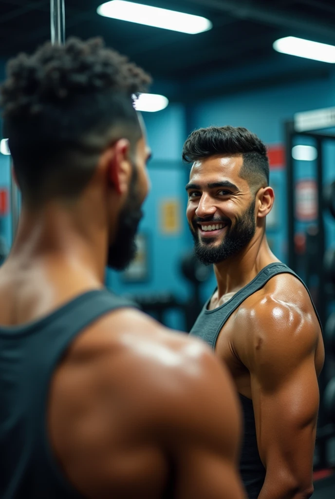 A young Maghrebi of 23 years 24 years clean shaven without beard and short hair selfie at the gym staring at the mirror with a charming look