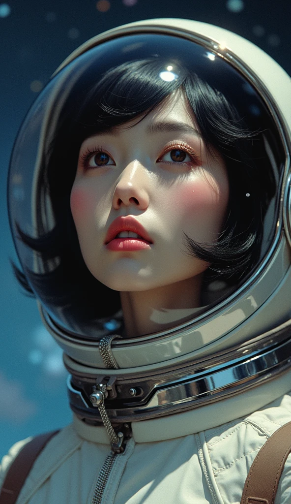 Adult female、Japanese、Black Hair、Brown eyes、Pink Lips、Shortcuts、Retro spacesuit、Upper Body、Close your eyes and look up、universe space、Real、Masterpiece、Highest quality、Light reflecting off the helmet、