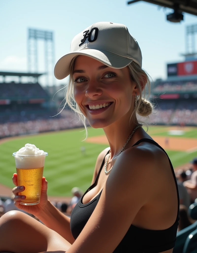 (RAW photo, best quality, masterpiece: 1.2), (photorealistic: 1.4), best lighting, 20 years old, (light gray hair, short cut, hair over ear, Symmetrical eyes, fair skin, solo, Detailed Skin, Detailed Background:1.2), Front view, smiling, angle from field to bleachers, sitting in bleachers at Dodgers Stadium watching the game, wearing Los Angeles Dodgers baseball cap, white tank top, huge breasts, accessories, hair tied back, daytime, exposed to sunlight, holding a beer in a clear cup in one hand,