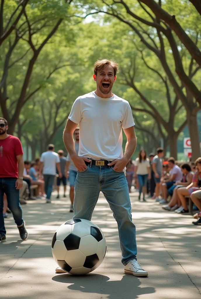 Man
playing pranks with a huge 3D soccer ball inside his pants