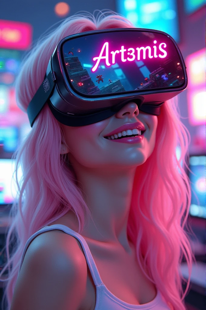 Delicate female gamer character with light pink hair, light caucasian skin, rosy cheeks, pink mouth, wearing VR glasses with the word Art3mis mirrored on the glasses, The image background with a gamer scene