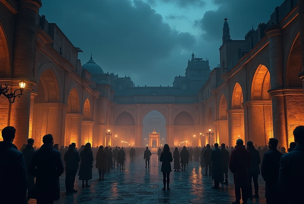 A detailed, majestic night scene with an ancient open space, surrounded by a crowd of people observing, cinematic lighting, dramatic mood, highly detailed, award-winning quality, photorealistic, 8k, HDR, vibrant colors, chiaroscuro lighting, moody atmosphere
