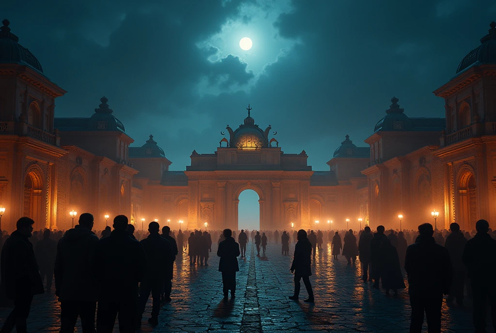 A detailed, majestic night scene with an ancient open space, surrounded by a crowd of people observing, cinematic lighting, dramatic mood, highly detailed, award-winning quality, photorealistic, 8k, HDR, vibrant colors, chiaroscuro lighting, moody atmosphere