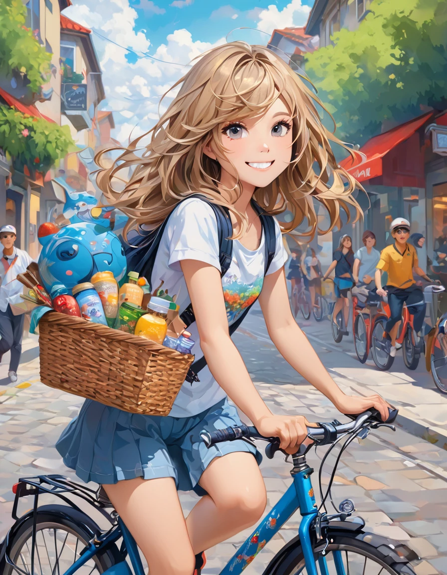 Cute detailed digital art and The girl riding Bicycle, cute smile, extremely detailed, Oil painting style art 
