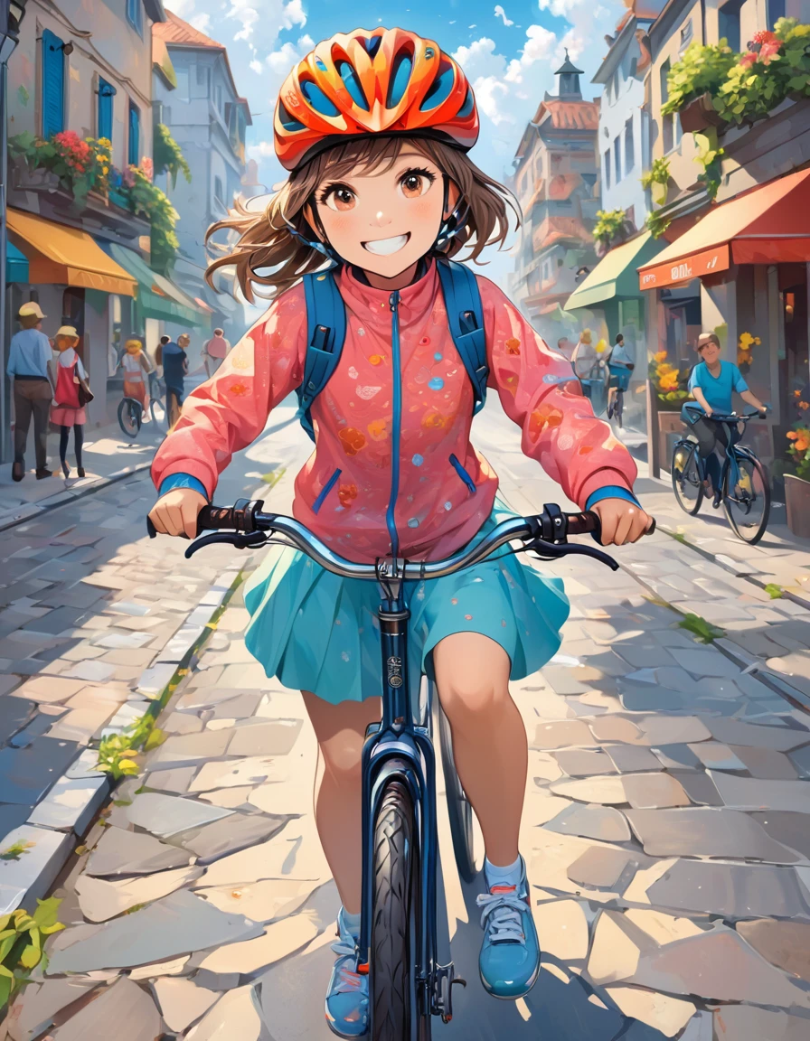 Cute detailed digital art and The girl riding Bicycle, cute smile, extremely detailed, Oil painting style art 