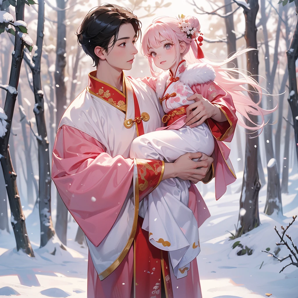 A one-year-old baby boy in pink ancient Chinese baby costume with his beautiful mother, dressed in an ancient Chinese costume, In a forest where there was only white snow everywhere. The trees were still covered in white snow. A very strong blizzard, playing with each other, with his handsome father standing next to his mother, close up
