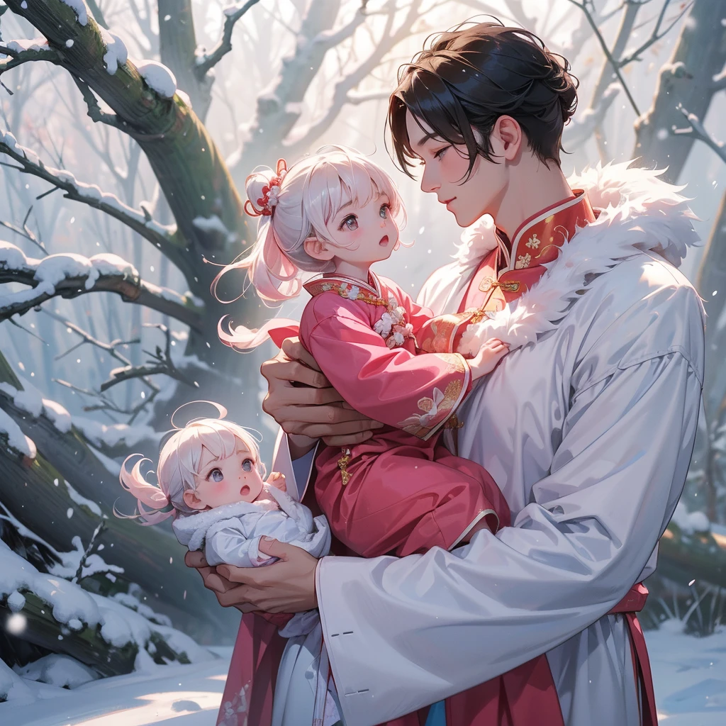 A -yead bab pink ancient Chinese baby costume wiis beautiful mother, dressed in an ancient Chinese costume, In a forest where there was only white snow everywhere. The trees were still covered in white snow. A very strong blizzard, playing with each other, with his handsome father standing next to his mother, close up
