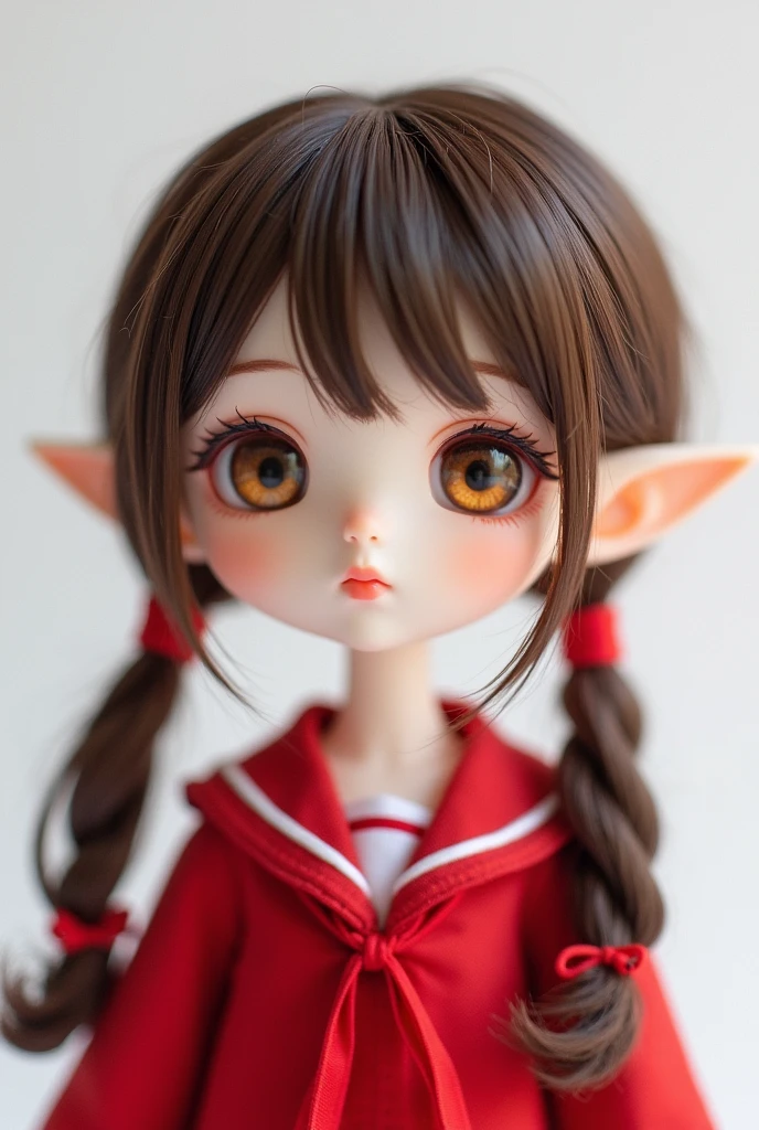 Overlooking、breast enhancement、Girl、White skin、Brown Hair、Twin tails、Red hair laces、Golden eyes like glass marbles、Red Sailor Suit、Rozen Maiden、Pink Lips、Expressionless、Brown eyelashes、Short eyebrows、Looking up、M-shaped bangs、White background、delicate、Ball jointed doll、Elf Ears