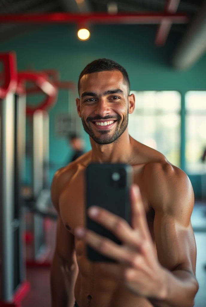 A young Maghrebi of 23 years 24 years clean shaven without beard and short hair selfie at the gym staring at the mirror with a charming look