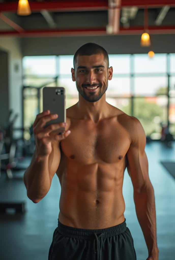 A young Maghrebi of 23 years 24 years clean shaven without beard and short hair selfie at the gym staring at the mirror with a charming look 