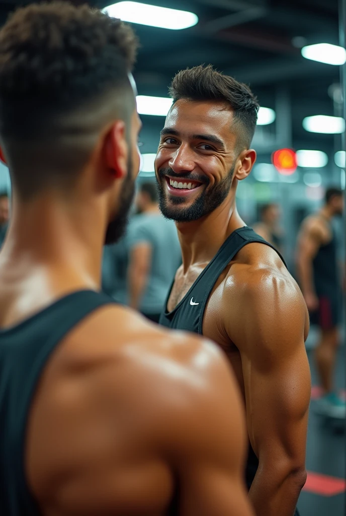 A young Maghrebi of 23 years 24 years clean shaven without beard and short hair selfie at the gym staring at the mirror with a charming look 
