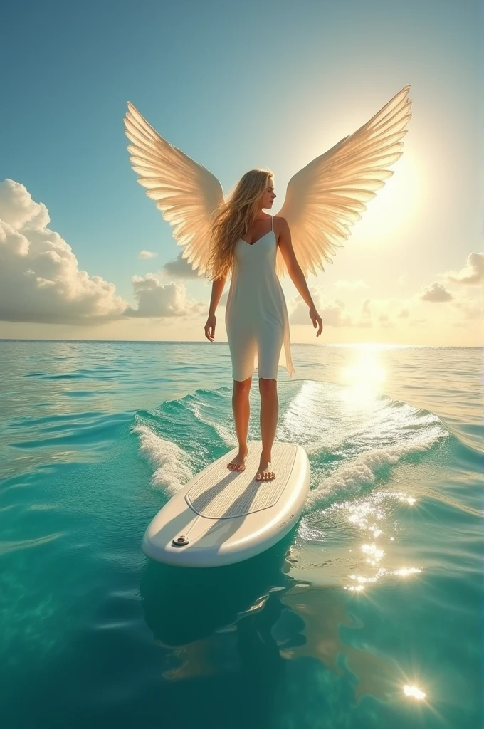 The angel has wings and is paddle boarding in the sea.
