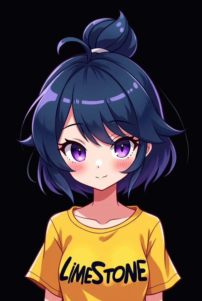 Gaming Logo for "LimeStone" , Gamer , black background , styled white font , Anime girl , dark blue hair ,  hair bun style , yellow T-shirt , purple eyes , empty eye lens
