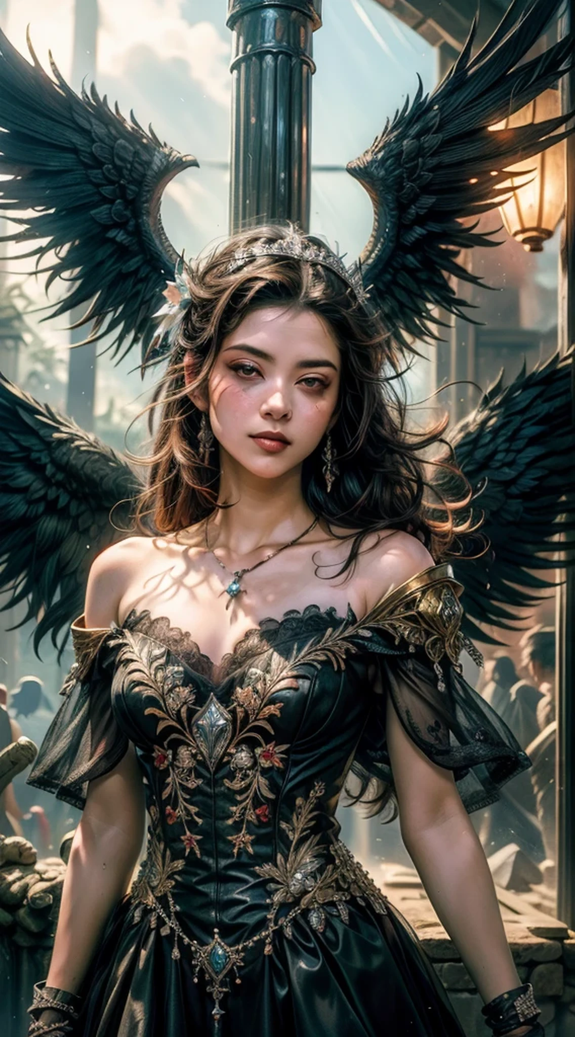 (Numerosas obras-primas premiadas, with incredible details, Maximum textures and details), (Hiper-realista:1.4), (realista:1.3), (Imagem corporal inteira:1.7), (Puntile superior do corpo para cima:0.3), (melhor qualidade de pele textura real), (finely detailed true circle eyes), (Finamente detalhado e bonito rosto:1.4), (Aesthetic and decadent image:1.5), ((Mundo Medieval)), (Segadeira:1.4), (olhar gelado nos olhos), (She has a nasty smile on her face, But your eyes don't smile.:1.3), (He has a soul harvesting scythe in his hand:1.5), (Um saco contendo almas colhidas com um leve brilho:1.5), (Olhos que brilham vermelhos no escuro), (dramatic light), altar, (A majestic spectacle), (Magic Circle of Disturbing Glow:1.3), Your face is soft and beautiful, mas de alguma forma aterrorizante, (Large wings with tattered black feathers behind shoulders:1.3), (Imagem corporal inteira:1.7), (Wears a dark black dress with a hood and intricate patterns:1.2), Asas dobradas, Brincos com estampa de caveira, (Rastreamento do Ceifador de Esqueleto: 1.3), (((dramatic photo))), (twilight), (sunset), (twilight), ((dramatic pose)), (foto extravagante), (cabelos dourados), (Cabelos prateados), (cabelo castanho), ((procura para cima)), ((olhe para baixo)), (Imagem corporal inteira:1.7), (Around her neck is a simple necklace with exquisite workmanship......), Sepultura esquecida, Grande Tumba, Underground Labyrinth, Ruins of the Temple of Evil, Temple of Sacrifice, misteriosamente, Ruins of the old castle, desert cemetery ruins, Tumba antiga desabou, Ancient ruins of still waters, Swampy ruins, Masses of majestic clouds and bright skies, clareamento, realistic epic, desbotado, until, (Greg Rutkowski:0.8), (cerceta & laranja:0.4), (Artee Station:1.5), cinematographic, ((cores neutras)), (HDR:1.5), (cores silenciadas:1.2), hiper detalhado, dramatic light, (Detalhes co