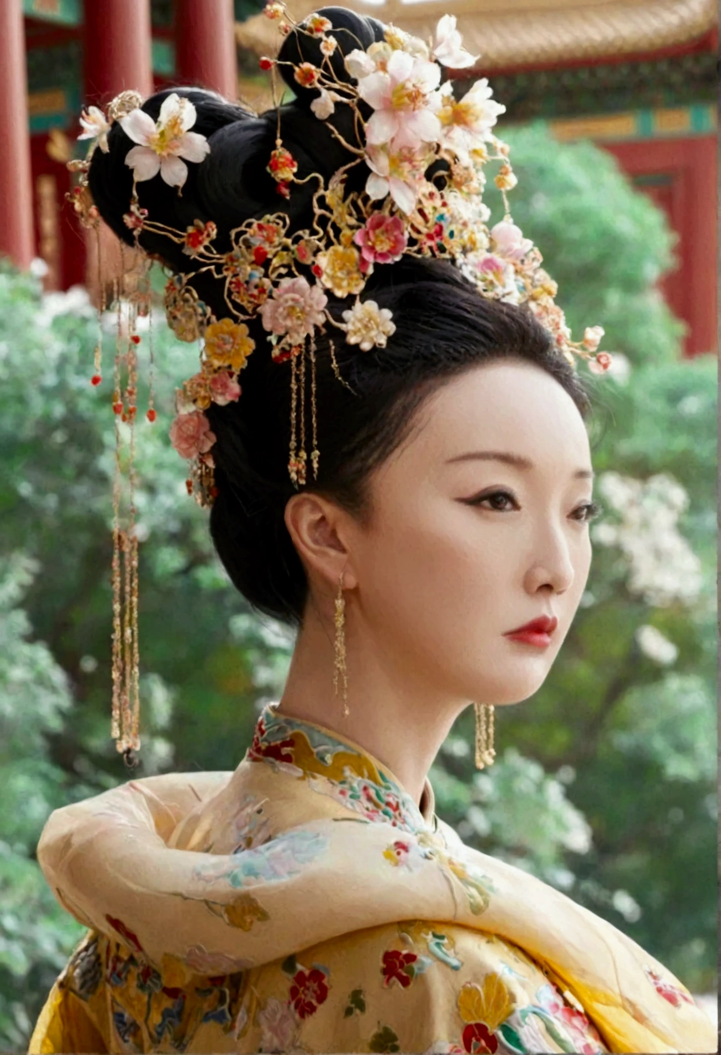 A front view of the Qing Dynasty Empress with her legs spread apart, showing her large chest. A naked Qing Dynasty Empress with a crown on, showing her stomach, thighs and feet from below.。She is completely naked, showing off her gorgeous large flowers and hairpins, her hair tied up and pulled up, and the background is the stone paving of the Chinese palace of the Qing Dynasty.