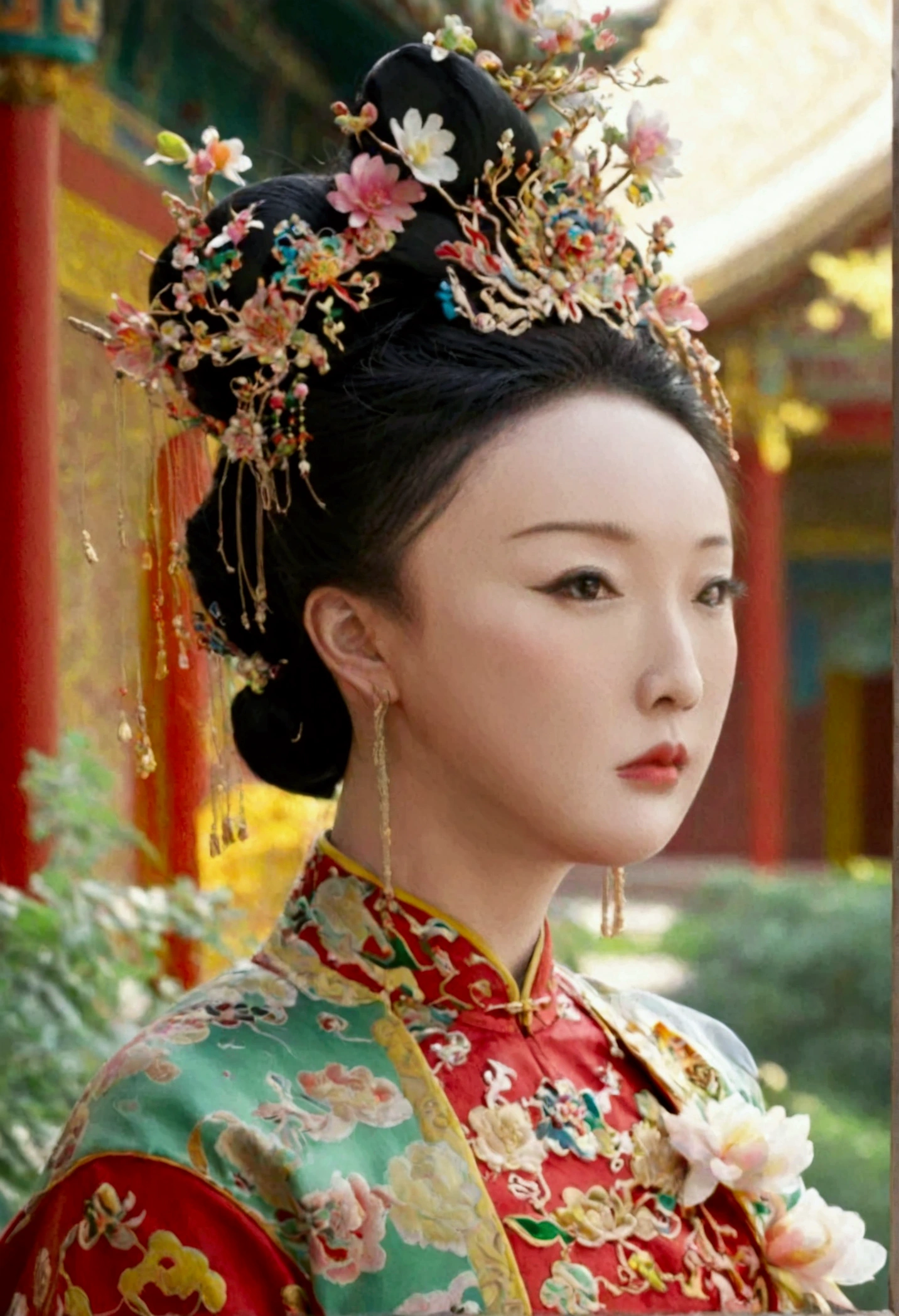 A front view of the Qing Dynasty Empress with her legs spread apart, showing her large chest. A naked Qing Dynasty Empress with a crown on, showing her stomach, thighs and feet from below.。She is completely naked, showing off her gorgeous large flowers and hairpins, her hair tied up and pulled up, and the background is the stone paving of the Chinese palace of the Qing Dynasty.