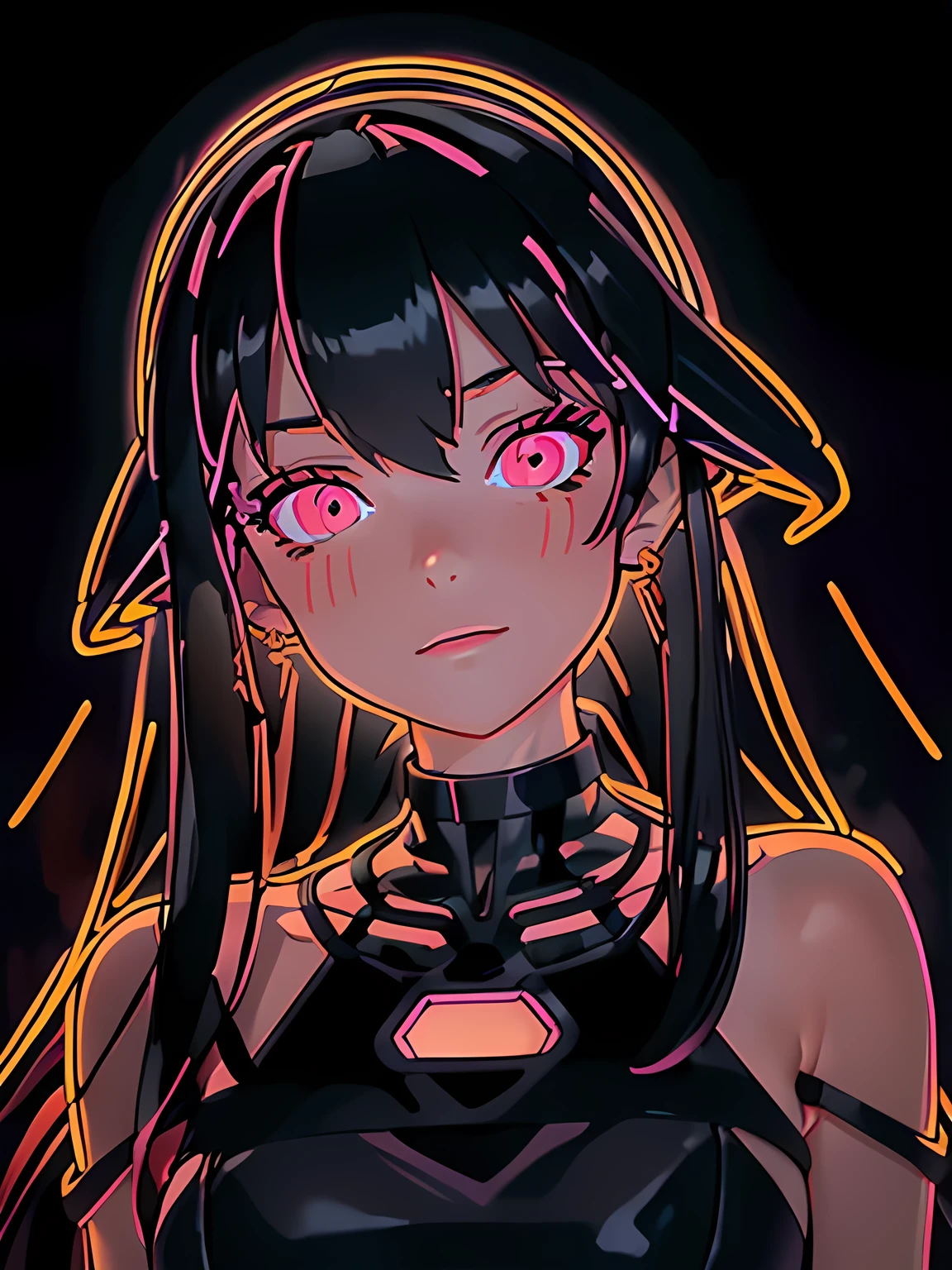 (Glowing neon outline), close up, Very beautiful woman, Yor-Briar, Yor-Forger, woman in a long evening dress, Yor-style hair accessory and earrings, Red eyes and black hair, ((neon outlines body:1.3, neon outlines face:1.3)), Toon Shader Rendering, Ultra-Realistic Capture, Photorealsitic，Highest quality, masterpiece, Highly detailed face, Model-like body, best shading, (Many LEDs), The background is a slightly dark cabin, Large Breasts, RAW Photos, cinematic lighting, Inside the room at night, Yor Forger's Features, 