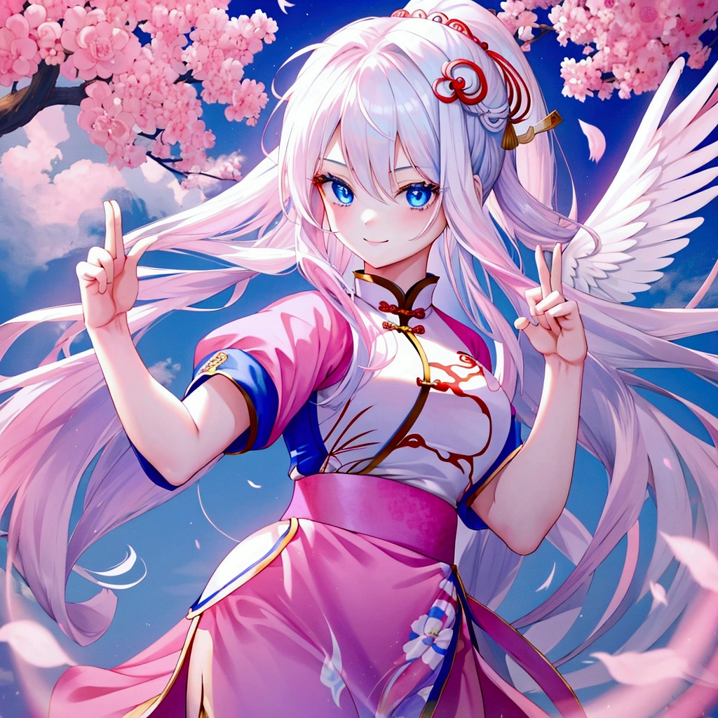 A pretty girl with long white hair and blue eyes、19 years old、Kung Fu Pose、Pink china clothes、Angel wings on the back、Smiling