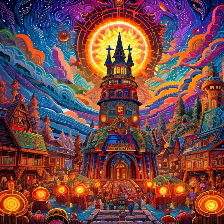 a painting of a castle with a giant sun in the background, an ultrafine detailed painting inspired by Dan Mumford, cg society contest winner, psychedelic art, fractal thunder dan mumford, dan mumford and alex grey style, el bosco and dan mumford, anton fadeev and dan mumford, in the style dan mumford artwork, dan mumford and albert bierstadt
