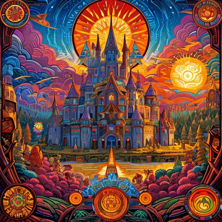 a painting of a castle with a giant sun in the background, an ultrafine detailed painting inspired by Dan Mumford, cg society contest winner, psychedelic art, fractal thunder dan mumford, dan mumford and alex grey style, el bosco and dan mumford, anton fadeev and dan mumford, in the style dan mumford artwork, dan mumford and albert bierstadt