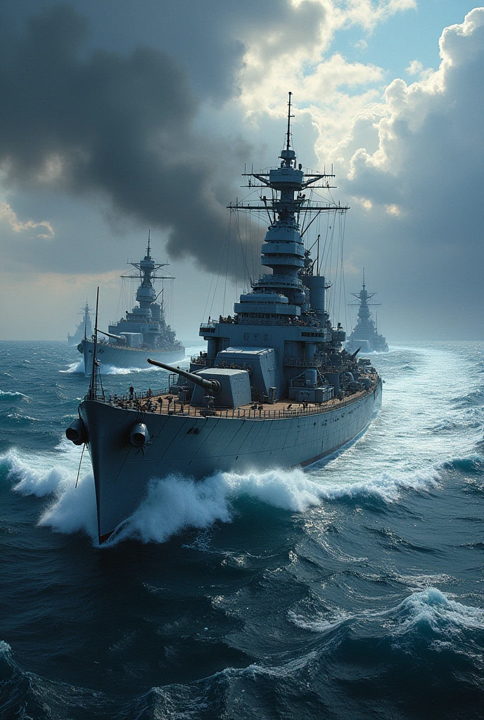 Warships sailing at the ocean with powerful guns