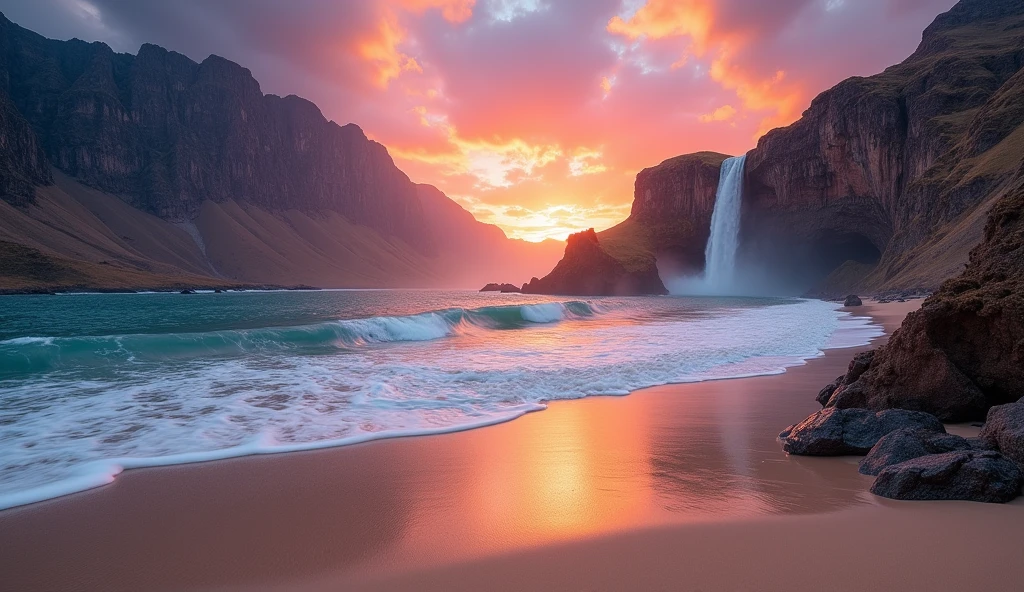Landscape waterfall in mountains sunset image best quality, high quality, beautiful wallpaper deserted beach 8k extremely detailed, photography