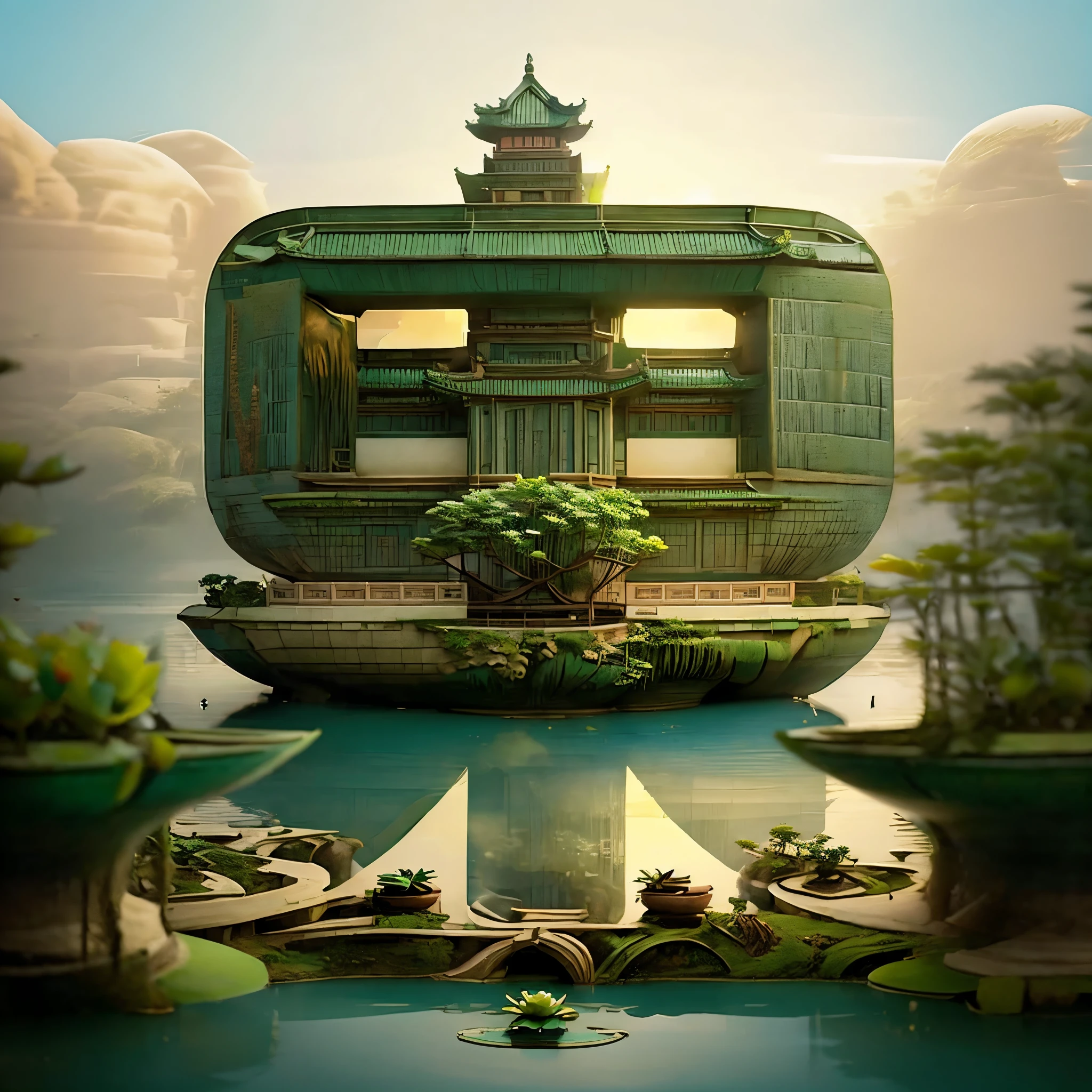 Potted plants, lake, water, lily pad,lotus, temple,