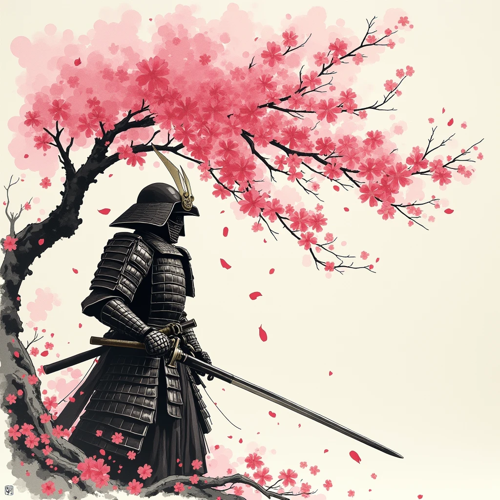 Cherry blossoms, armored samurai, ink painting