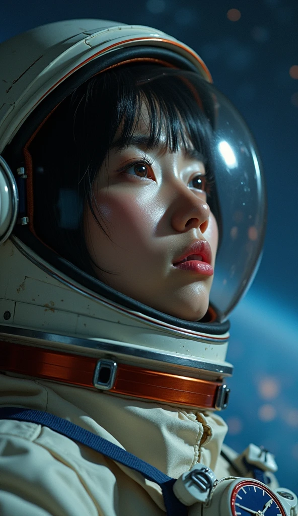 Adult female、Japanese、Black Hair、Brown eyes、Pink Lips、Shortcuts、Retro spacesuit、Upper Body、Look Up、tears、Crying face、universe space、Real、Masterpiece、Highest quality、Light reflecting off the helmet、