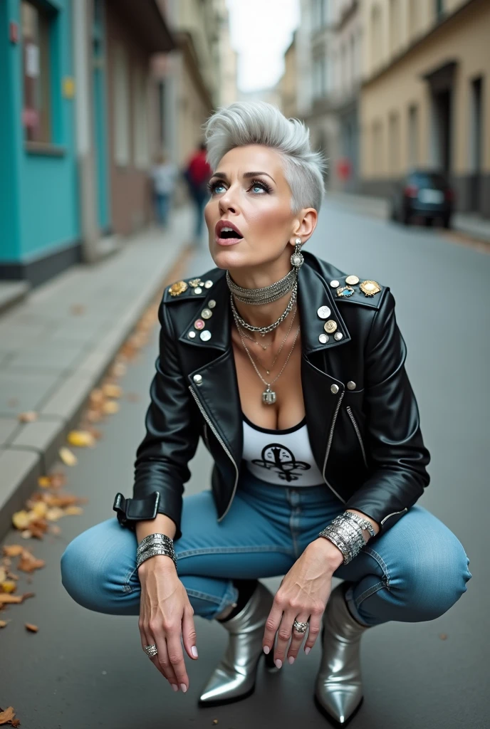 russian old milf woman, grey hair (quiff shaved sides), with very light blue eyes, extremely pale. Wearing cropped black moto jacket (badges on lapels), tank top with rock logo, skinny leather jeans and silver pointy Chelsea boots with cuban heels . Lots of metallic wide silver bracelets, a tacky chain and a padlock as a collar.mTacky studded leather belt with oversized chanel buckle. Wide loop earrings. Kneeling looking up, eyes and mouth wide open in amazement. Tilted head. Tattooed. Hands on her knees. Chin up, looking up listening in amazement to God. Well toned abdominals, thin legs and thin arms.