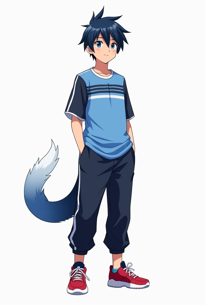He has hair that is black and indigo。He has straight short hair with no bangs。He has slightly upturned eyes and blue eyes。He is wearing a slightly loose jersey。The jersey is blue on the torso with white lines drawn symmetrically。There is a black line on the shoulder that changes to a white line on the sleeve。He has black sleeves。He is wearing a plain white T-shirt with a blue collar as an inner layer。The pants are jersey pants with white lines running from the waist to the hem。He wears red sneakers。He has a tear mole on his right eye。He is wearing a white to blue gradient soft animal-like tail accessory on his left hip。Anime Style。He gives off a vibe of a good young man.。