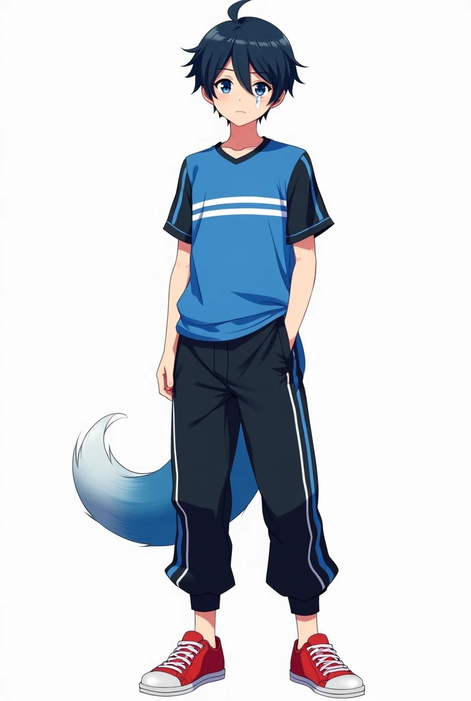 He has hair that is black and indigo。He has straight short hair with no bangs。He has slightly upturned eyes and blue eyes。He is wearing a slightly loose jersey。The jersey is blue on the torso with white lines drawn symmetrically。There is a black line on the shoulder that changes to a white line on the sleeve。He has black sleeves。He is wearing a plain white T-shirt with a blue collar as an inner layer。The pants are jersey pants with white lines running from the waist to the hem。He wears red sneakers。He has a tear mole on his right eye。He is wearing a white to blue gradient soft animal-like tail accessory on his left hip。Anime Style。He gives off a vibe of a good young man.。